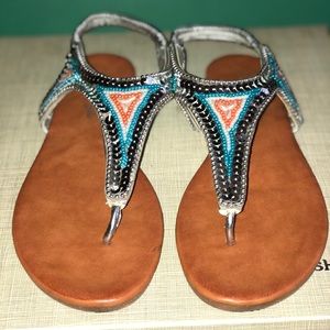 Sequined sandals blue sliver and orange